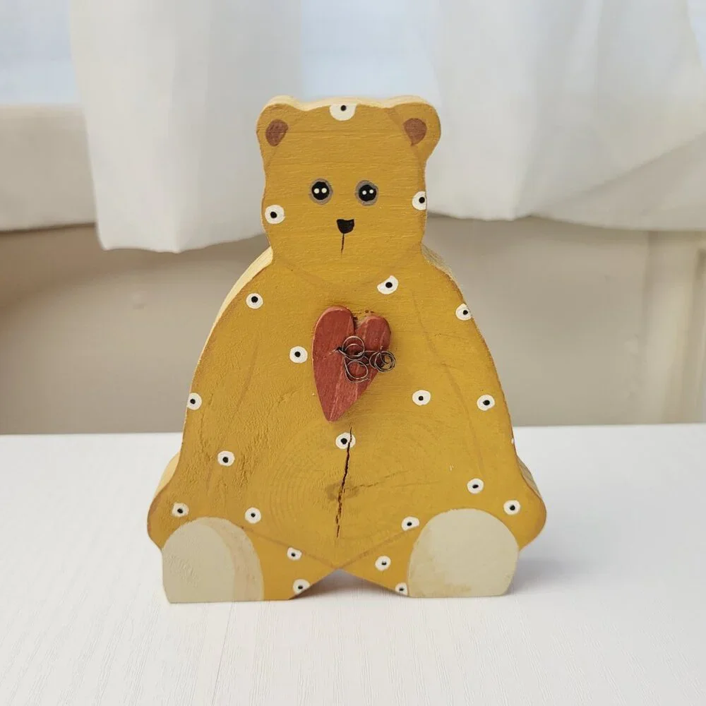 Two Vintage Handmade Folk Art Wooden Bears Angel Wings Heart Hand Painted polka.
